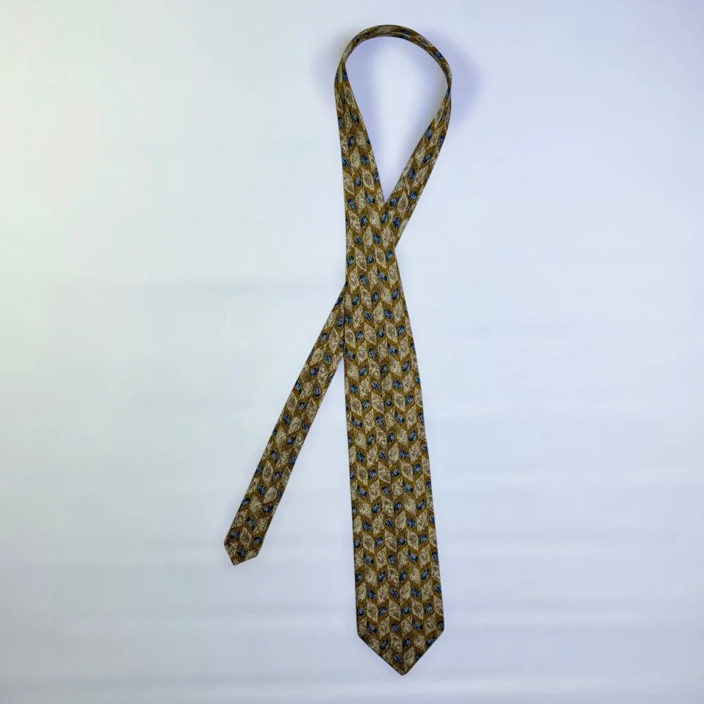 Canali Made in Italy 100% Silk Tie Gold Blue Leaf Geometric Men's Necktie